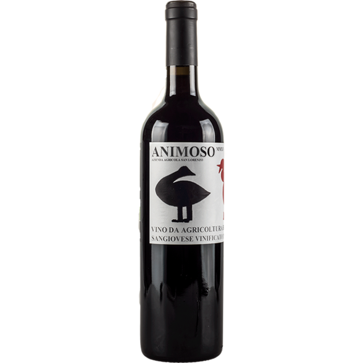 Bottle of Azienda Agricola San Lorenzo Montecucco Animoso 2018 wine with a label featuring a black goose and red and blue berries against a transparent background.